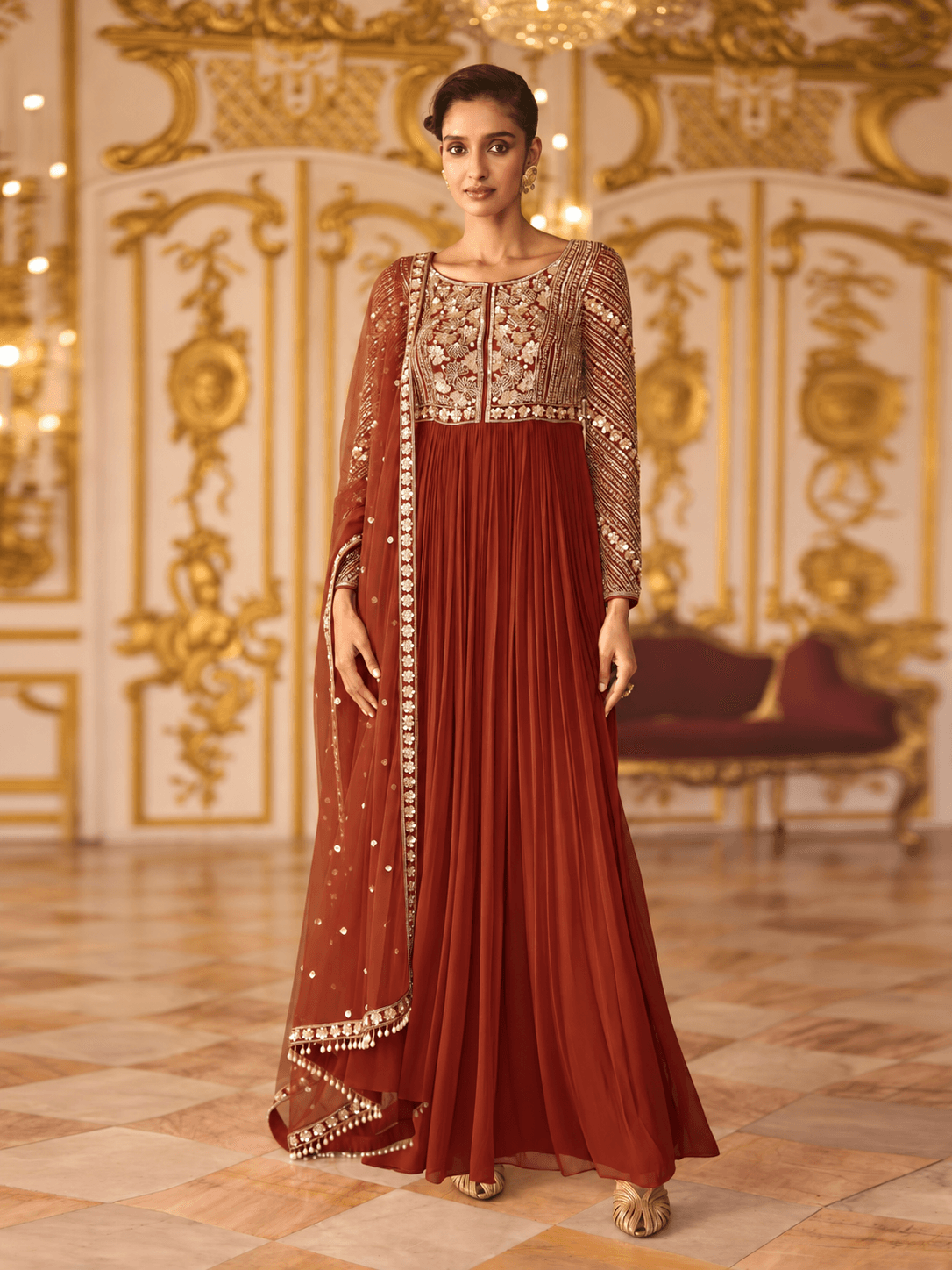 Rust Ember Embellished Gown Set