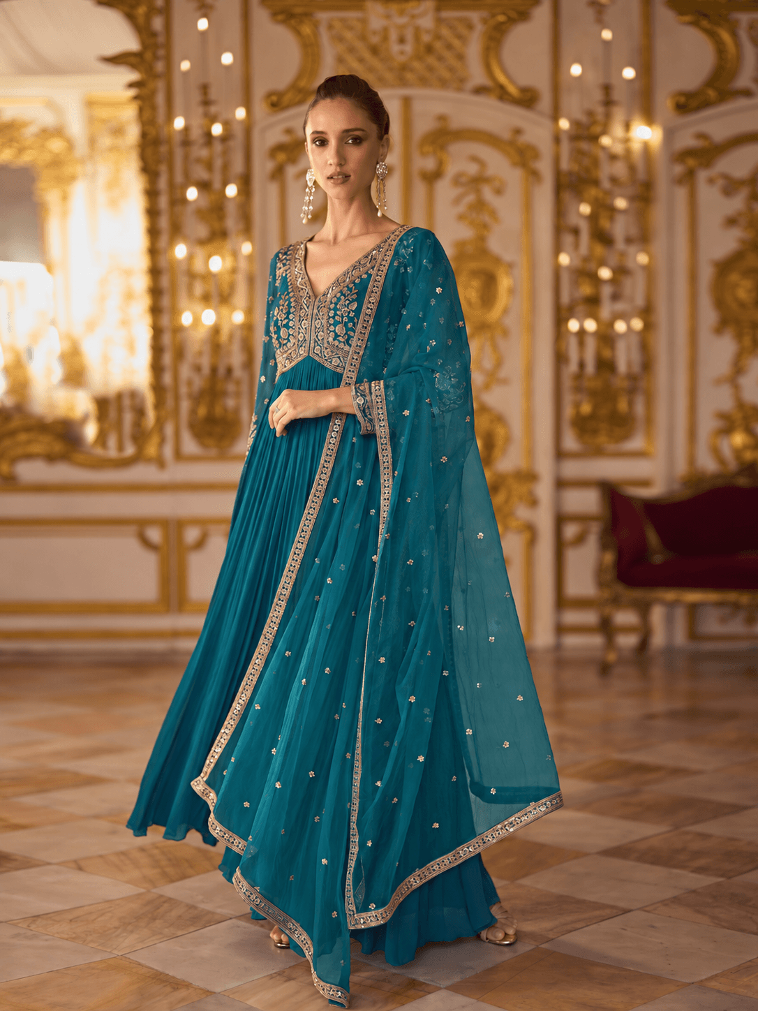Teal Blue Embroidered Gown Set