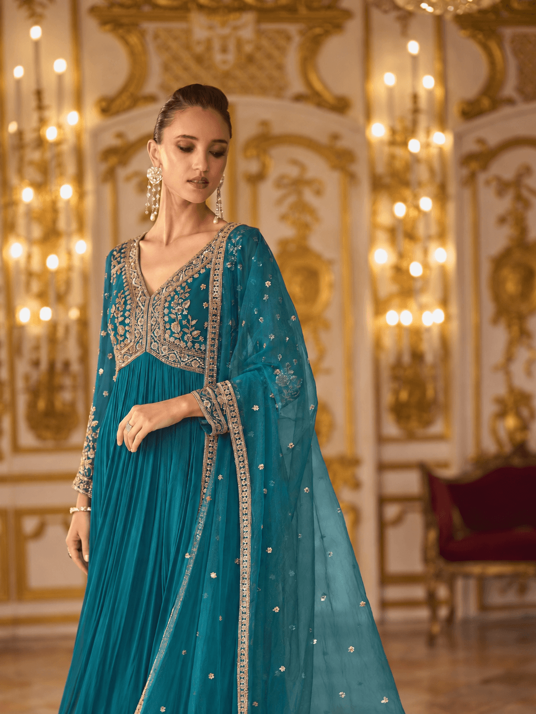 Teal Blue Embroidered Gown Set