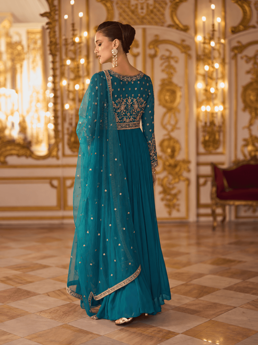 Teal Blue Embroidered Gown Set