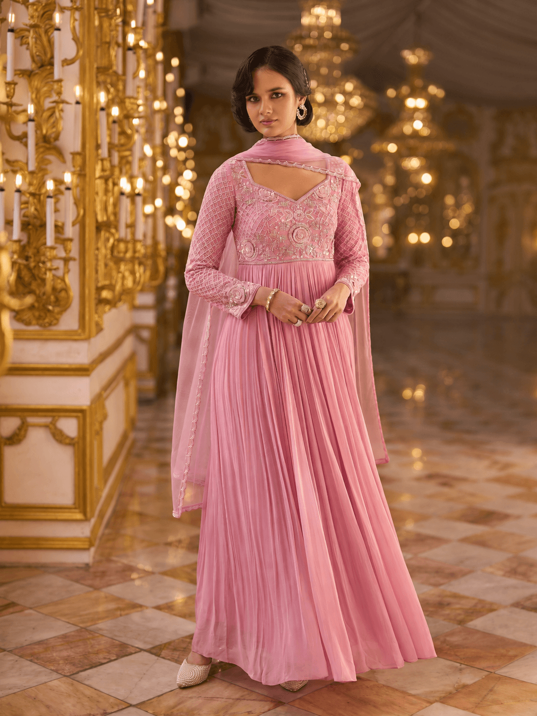 Rose Pink Embroidered Gown Set