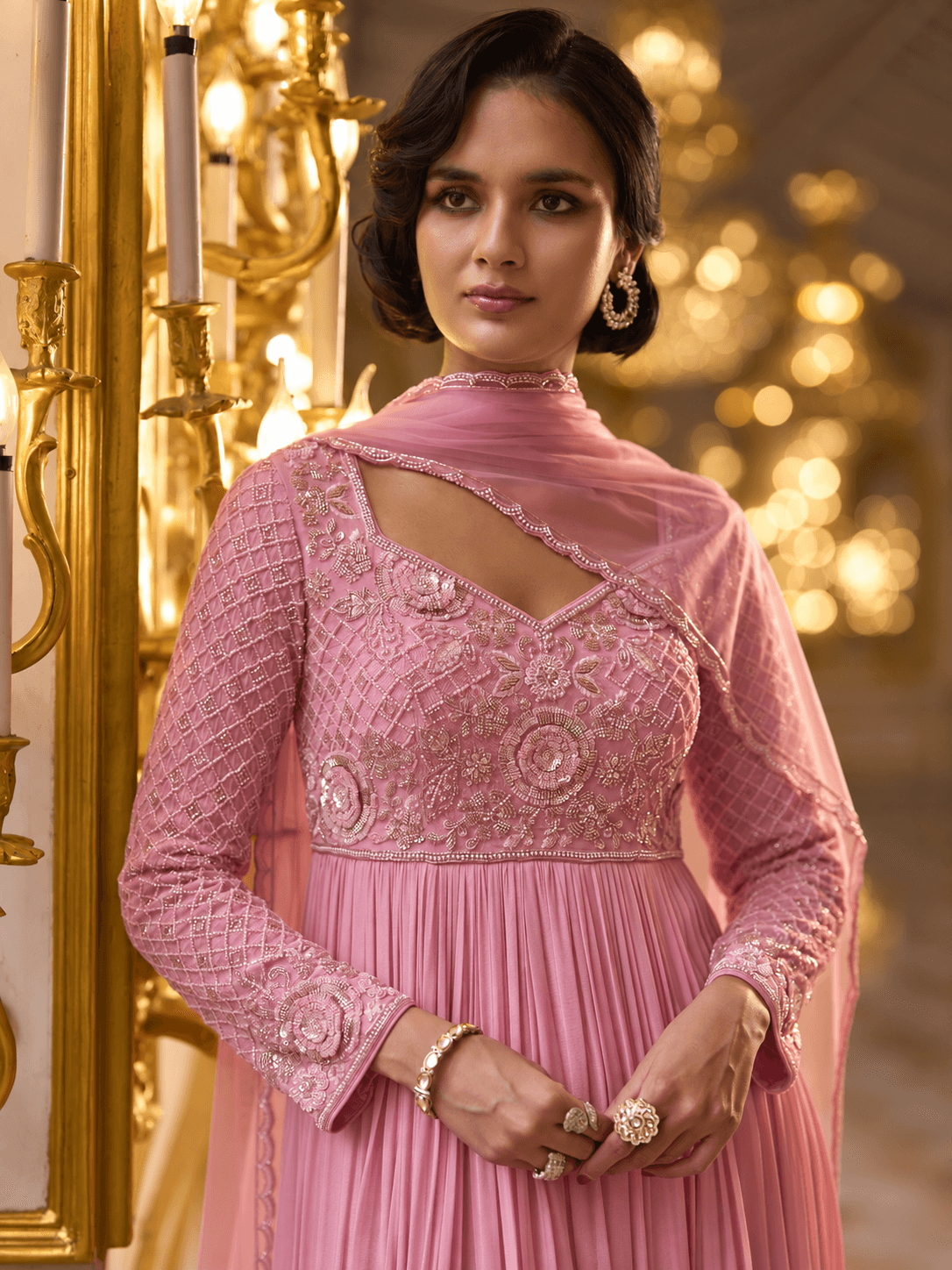 Rose Pink Embroidered Gown Set