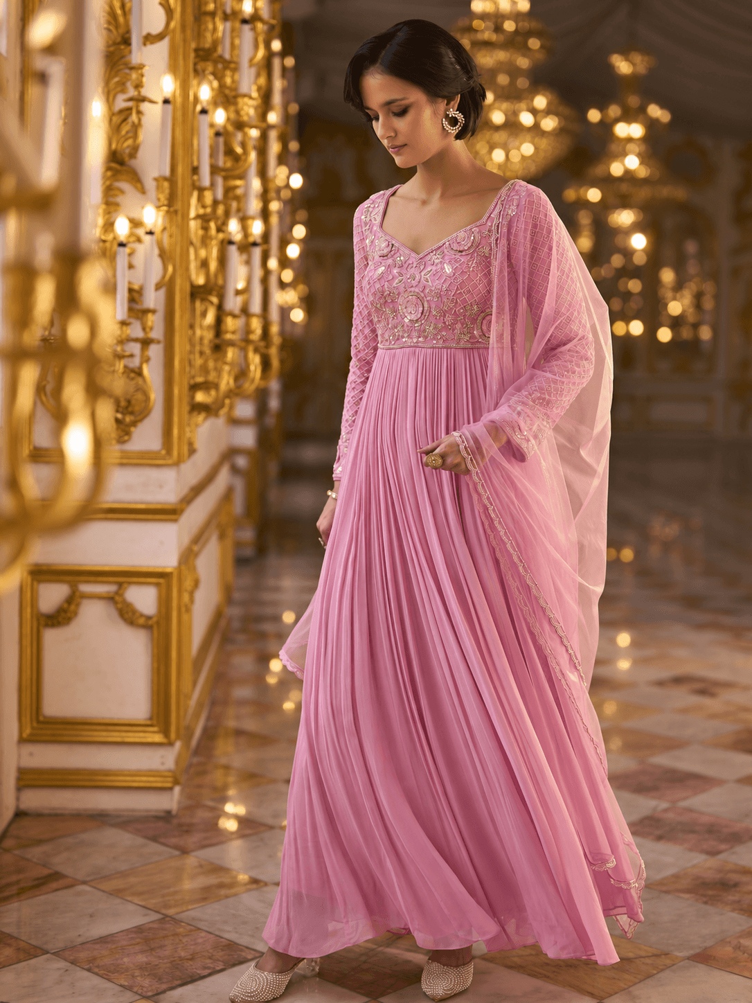 Rose Pink Embroidered Gown Set