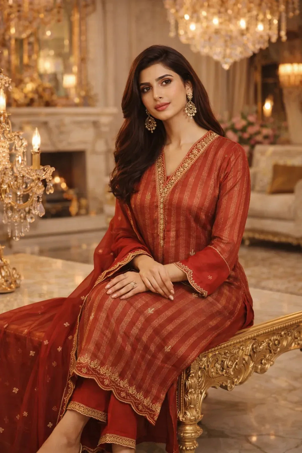 Rust_Elegance_Striped_Kurta_Set - Taishina