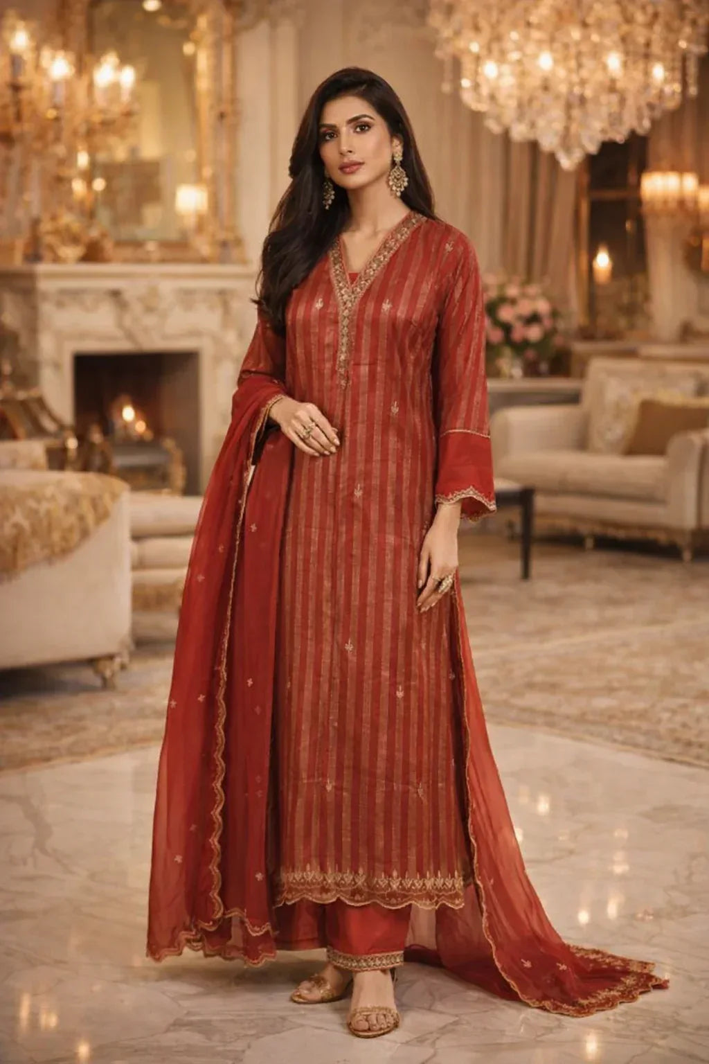 Rust_Elegance_Striped_Kurta_Set_2 - Taishina