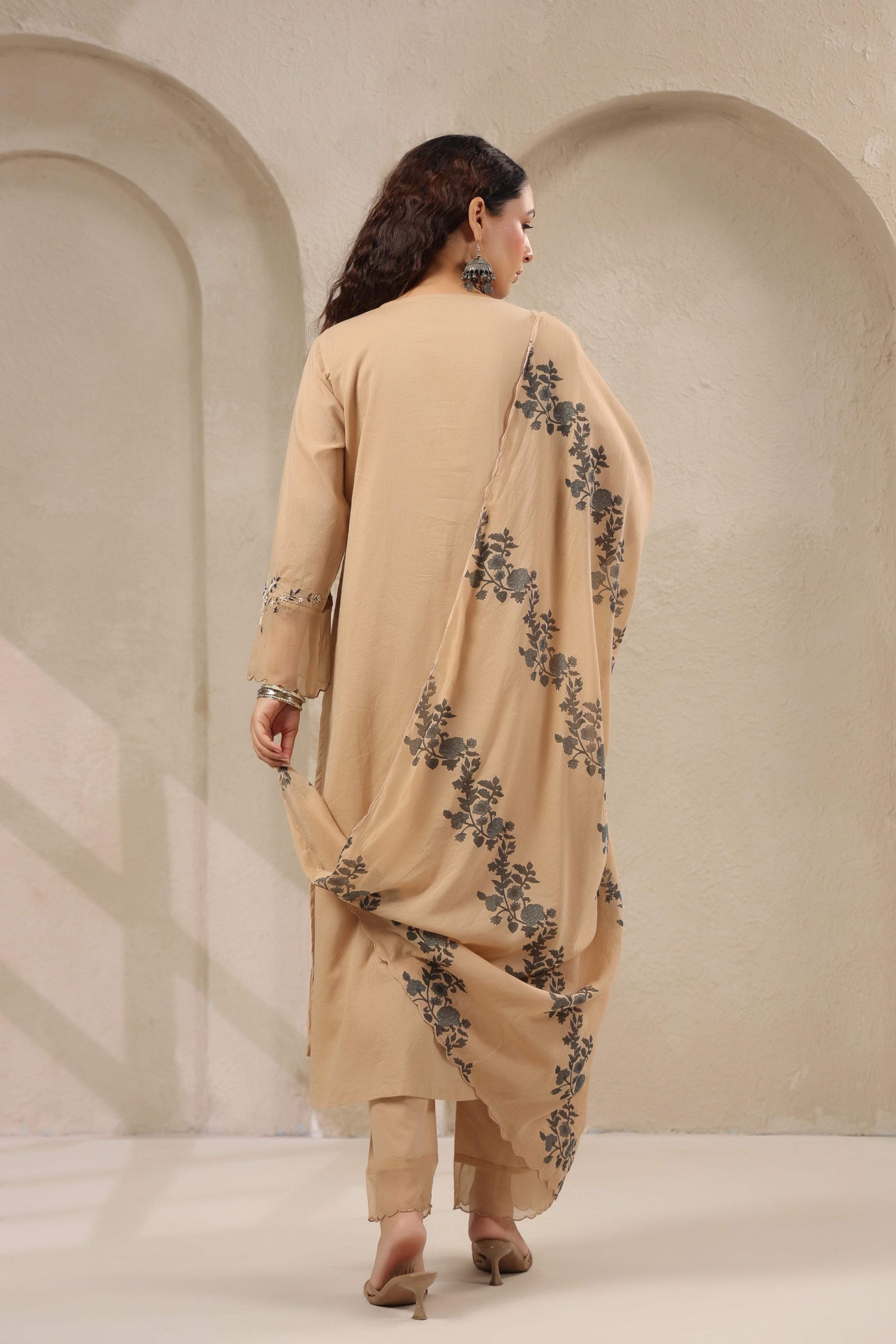 Beige Floral Embroidered Cotton Dupatta Set