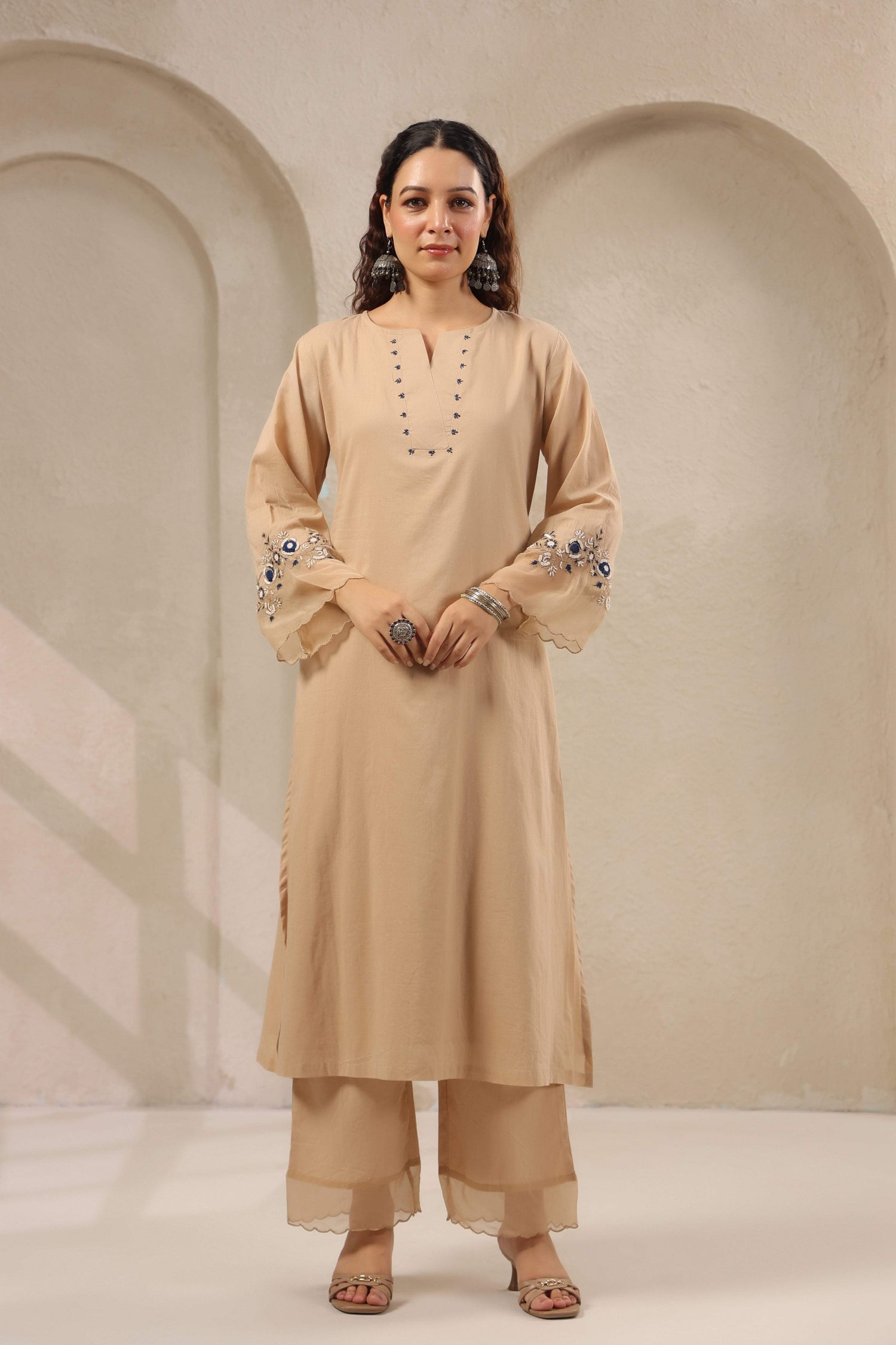 Beige Floral Embroidered Cotton Dupatta Set