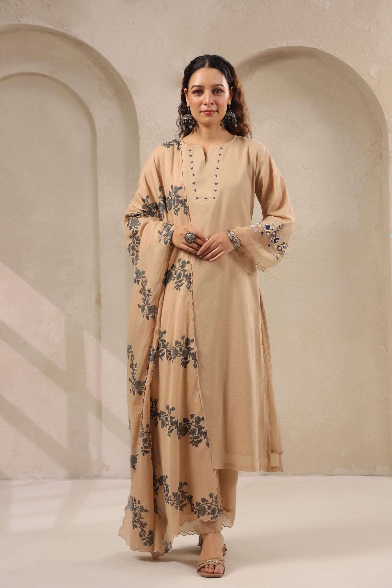 Beige Floral Embroidered Cotton Dupatta Set