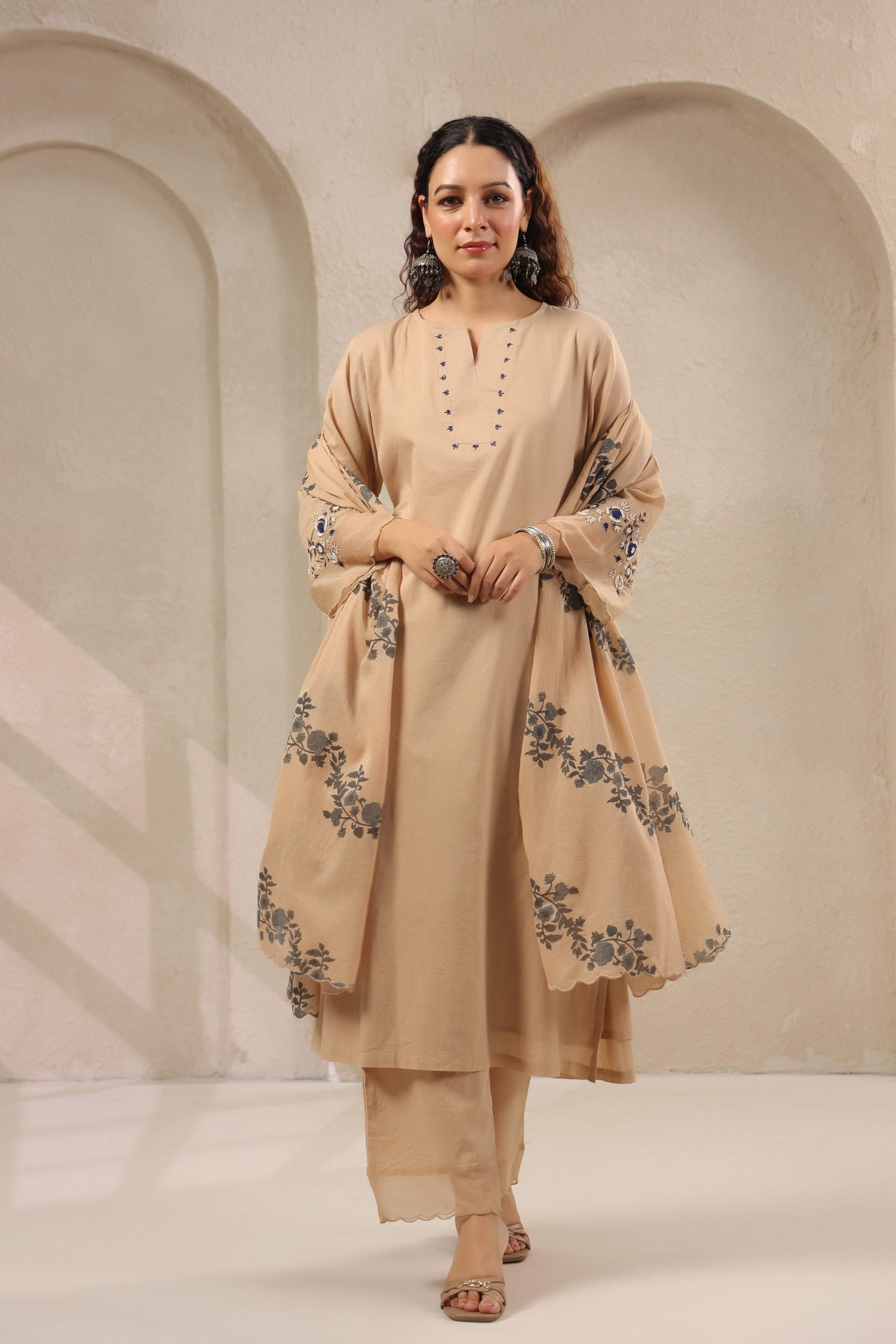 Beige Floral Embroidered Cotton Dupatta Set