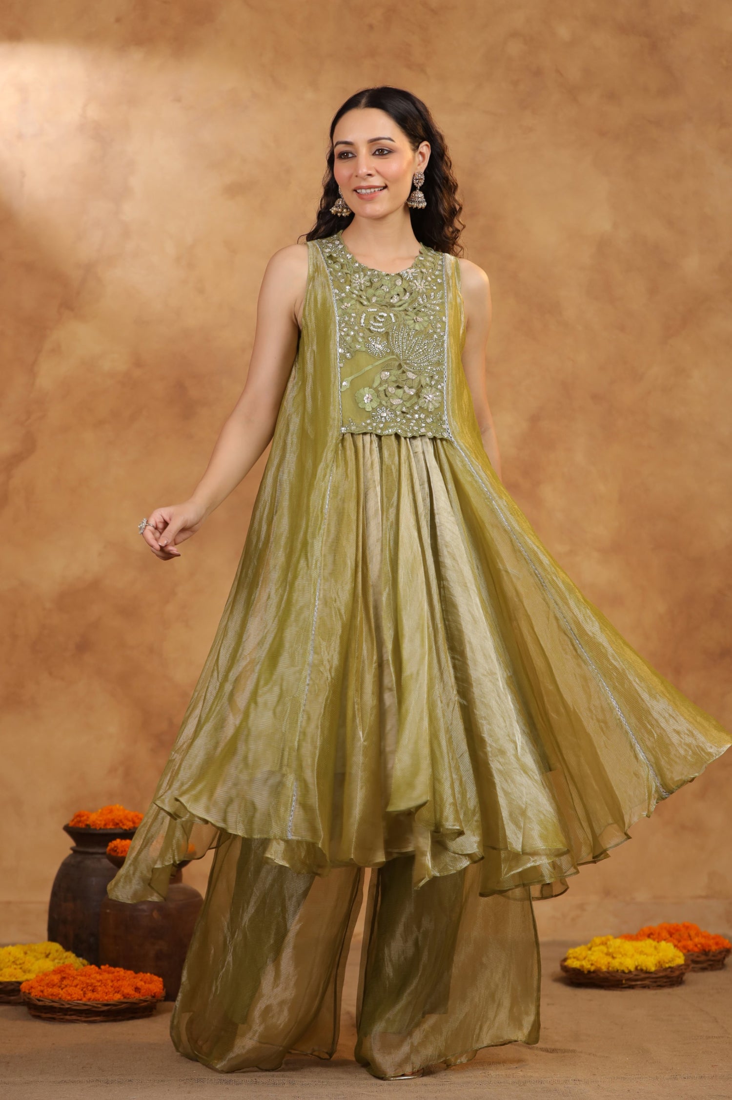 Smoky Olive Mist Sharara Set