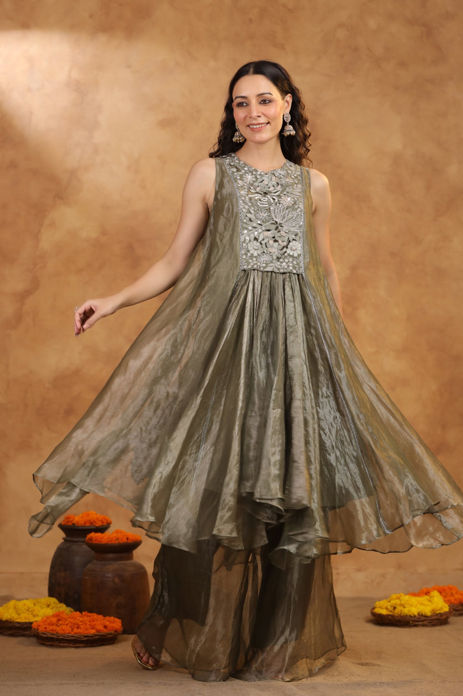 Smoky Olive Shimmer Sharara Set