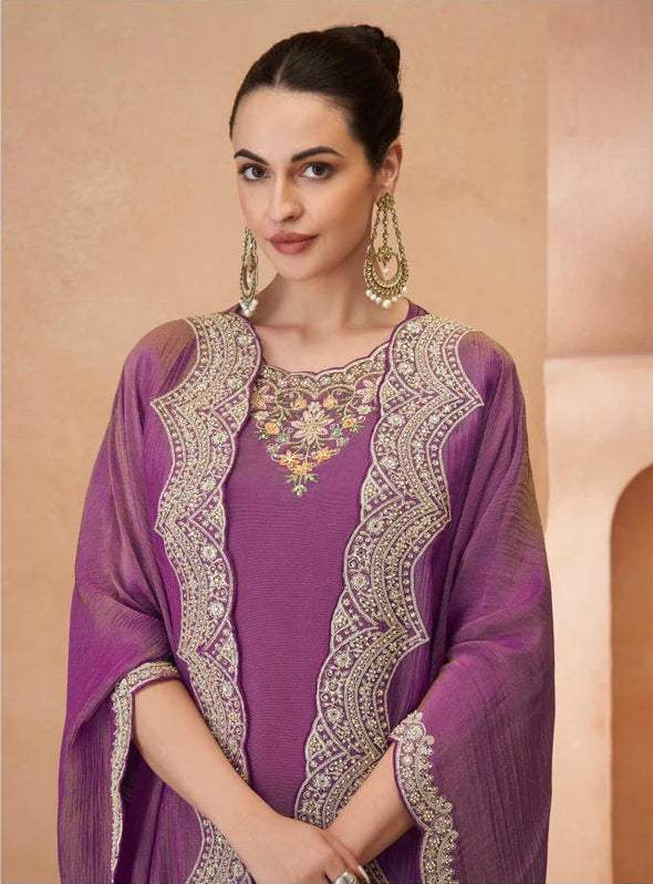 Amethyst-Purple Embroidered Palazzo Set