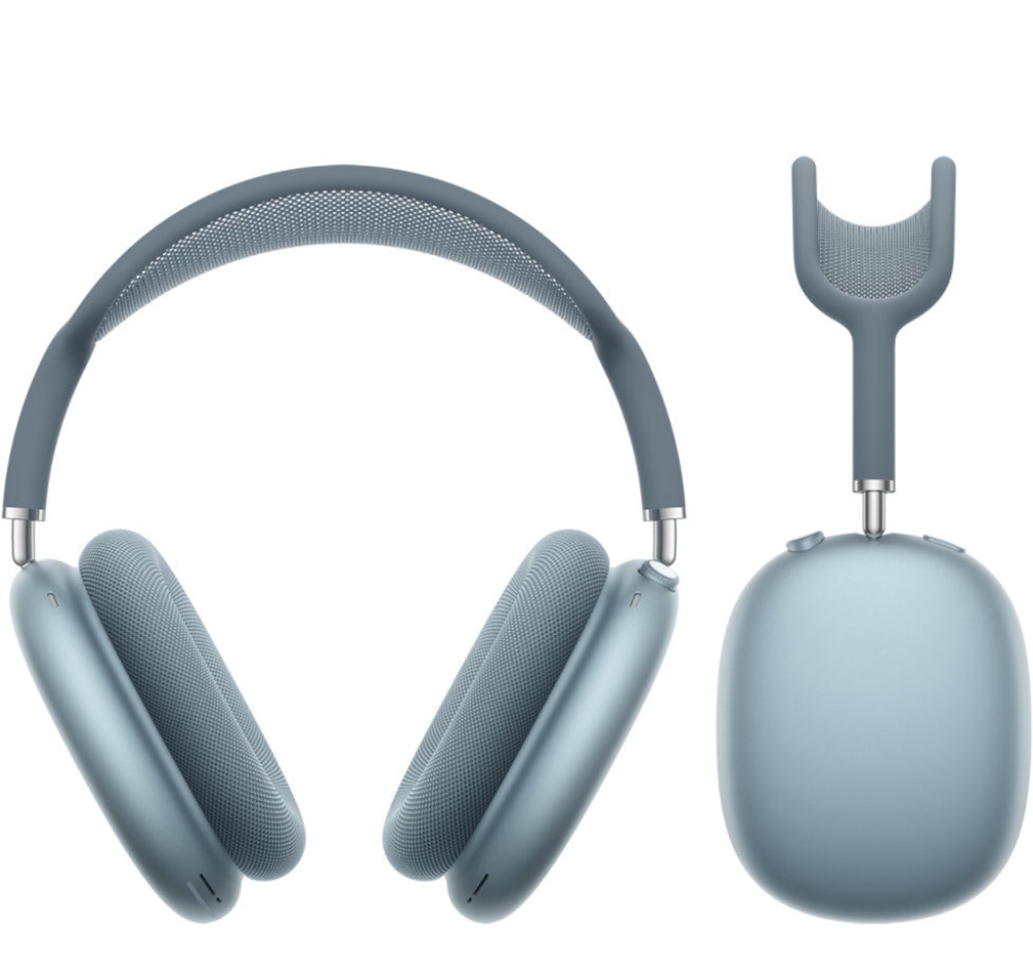Blue over-ear headphones with charging case on a white background